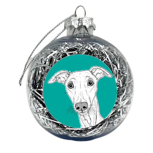 Whippet Dog Portrait ( teal background ) - xmas bauble by Adam Regester