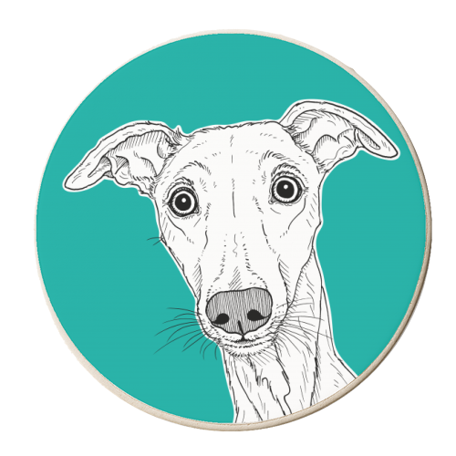 Whippet Dog Portrait ( teal background ) - personalised beer coaster by Adam Regester