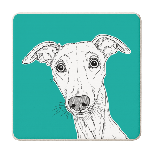 Whippet Dog Portrait ( teal background ) - personalised beer coaster by Adam Regester
