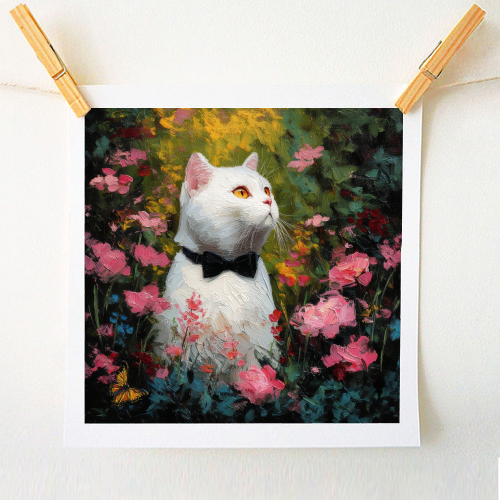 White cat with bow tie - A1 - A4 art print by DejaReve