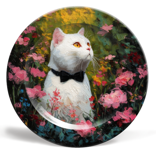White cat with bow tie - ceramic dinner plate by DejaReve