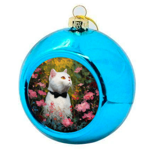 White cat with bow tie - colourful christmas bauble by DejaReve