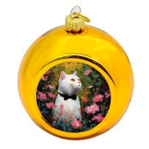 White cat with bow tie - colourful christmas bauble by DejaReve