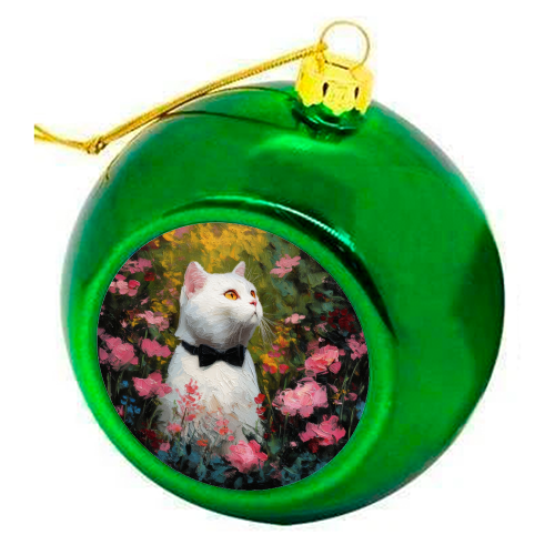 White cat with bow tie - colourful christmas bauble by DejaReve