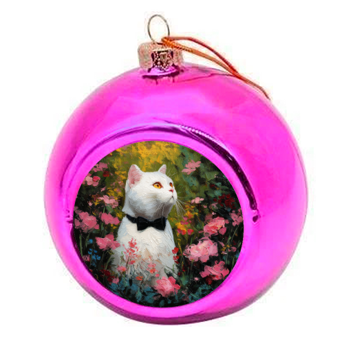White cat with bow tie - colourful christmas bauble by DejaReve