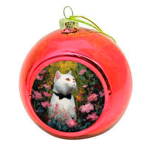 White cat with bow tie - colourful christmas bauble by DejaReve