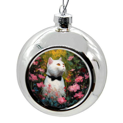 White cat with bow tie - colourful christmas bauble by DejaReve