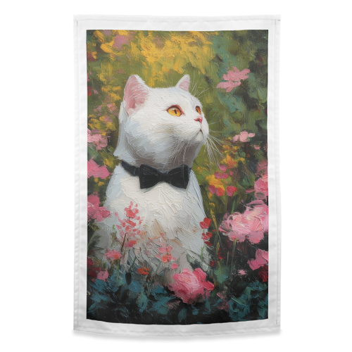 White cat with bow tie - funny tea towel by DejaReve