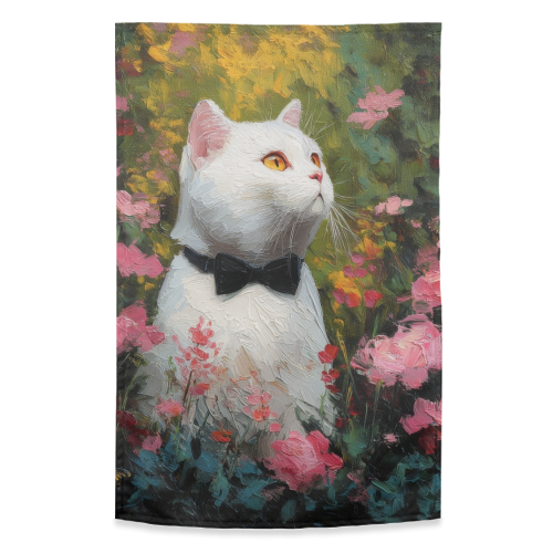 White cat with bow tie - funny tea towel by DejaReve