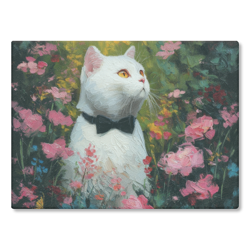 White cat with bow tie - glass chopping board by DejaReve