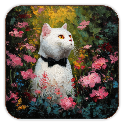 White cat with bow tie - personalised beer coaster by DejaReve