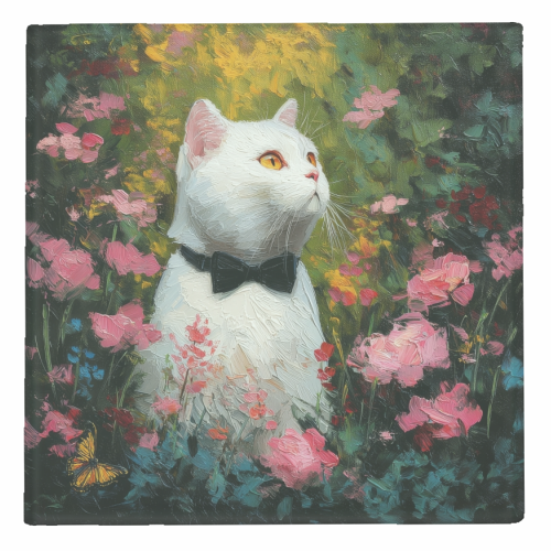 White cat with bow tie - personalised beer coaster by DejaReve