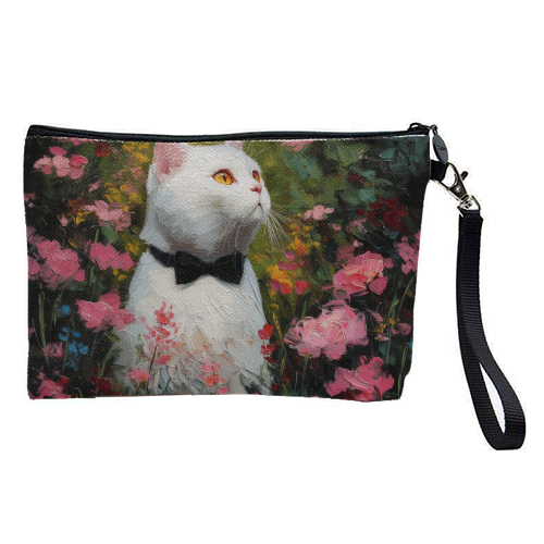 White cat with bow tie - pretty makeup bag by DejaReve
