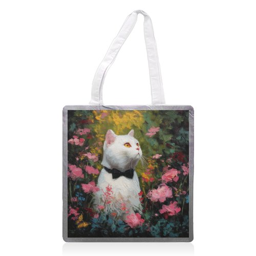 White cat with bow tie - printed canvas tote bag by DejaReve