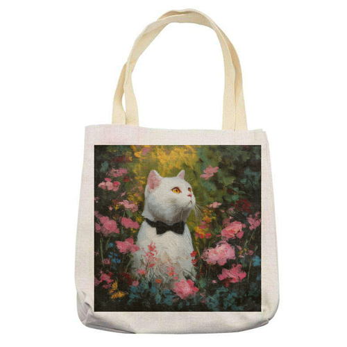 White cat with bow tie - printed canvas tote bag by DejaReve
