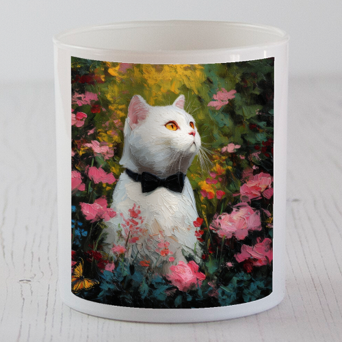 White cat with bow tie - scented candle by DejaReve
