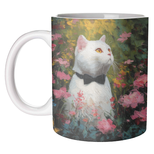 White cat with bow tie - unique mug by DejaReve