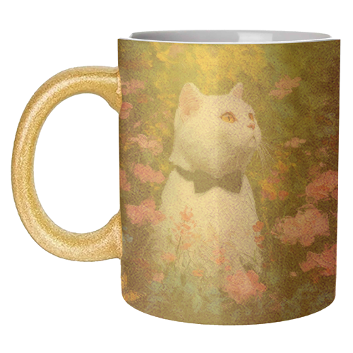 White cat with bow tie - unique mug by DejaReve