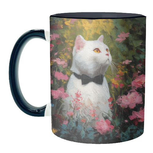 White cat with bow tie - unique mug by DejaReve