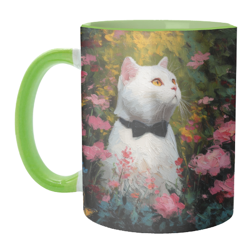 White cat with bow tie - unique mug by DejaReve