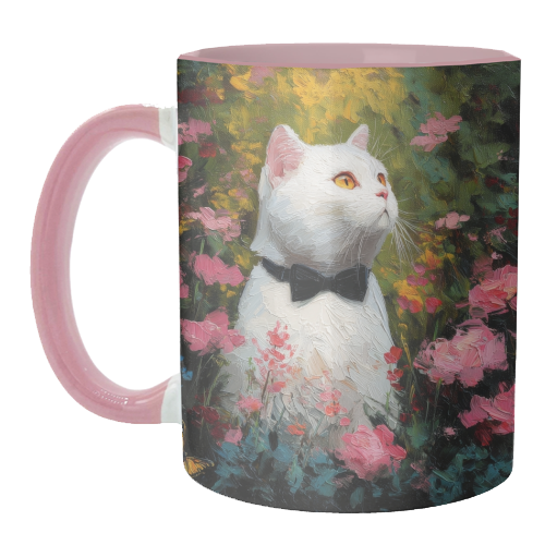 White cat with bow tie - unique mug by DejaReve