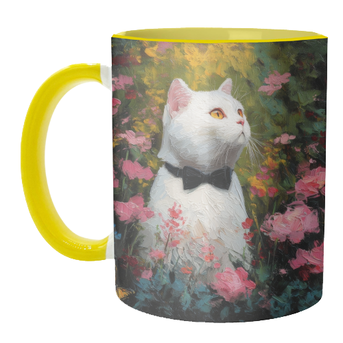 White cat with bow tie - unique mug by DejaReve