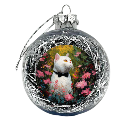White cat with bow tie - xmas bauble by DejaReve