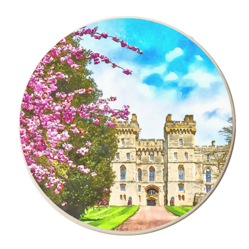 Windsor Castle Watercolour Pink Blossom Tree - personalised beer coaster by AP