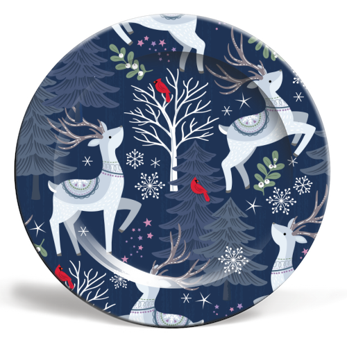 Winter deer and trees - ceramic dinner plate by Mandy Kippax