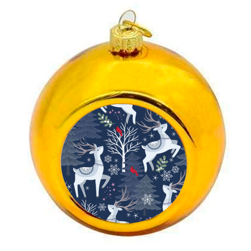 Winter deer and trees - colourful christmas bauble by Mandy Kippax