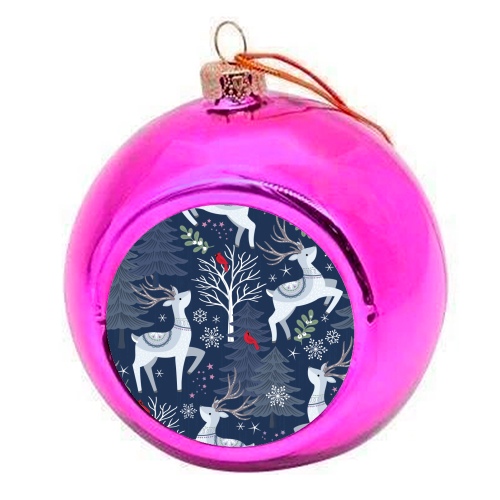 Winter deer and trees - colourful christmas bauble by Mandy Kippax