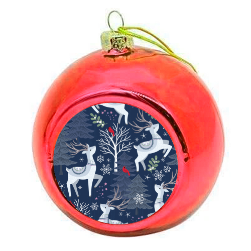 Winter deer and trees - colourful christmas bauble by Mandy Kippax