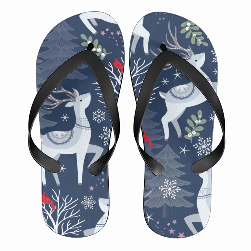 Winter deer and trees - funny flip flops by Mandy Kippax