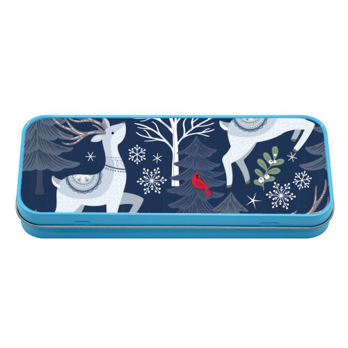 Winter deer and trees - tin pencil case by Mandy Kippax