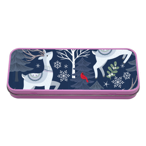 Winter deer and trees - tin pencil case by Mandy Kippax