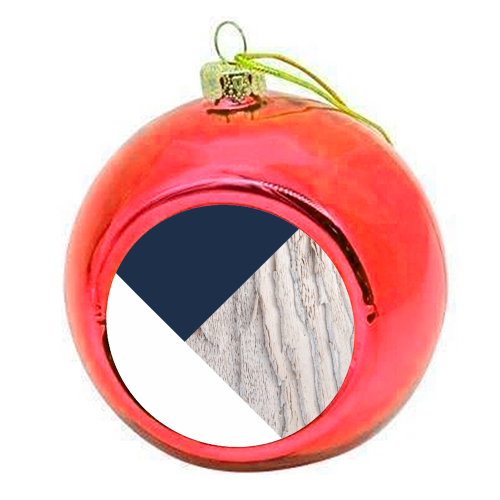 Wood meets Navy Blue White Geometric #1 #minimal #decor #art - colourful christmas bauble by Anita Bella Jantz