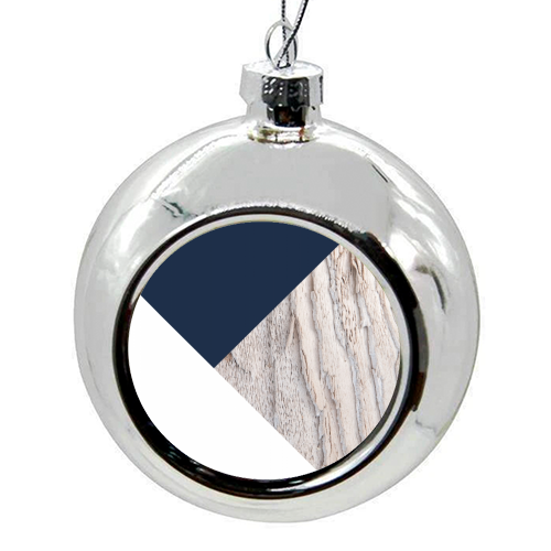 Wood meets Navy Blue White Geometric #1 #minimal #decor #art - colourful christmas bauble by Anita Bella Jantz