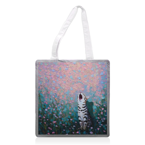 Yawning kitty - printed canvas tote bag by DejaReve