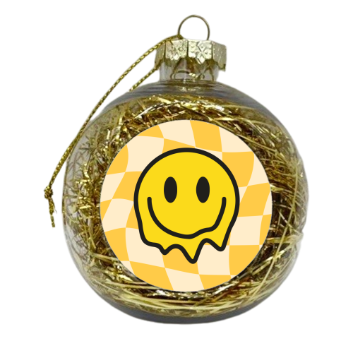 Yellow Gen Z Smiley Bold Y2K Graphic Design Giftware - xmas bauble by AbiGoLucky