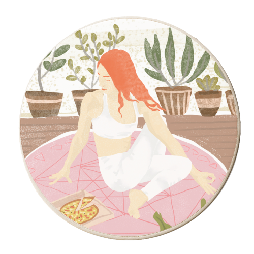 Yoga + Pizza, Red Head Woman Work Out Stay At Home, Ginger Plant Lady Home Decor Food Illustration - personalised beer coaster by Uma Prabhakar Gokhale