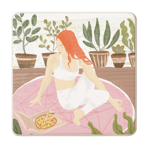 Yoga + Pizza, Red Head Woman Work Out Stay At Home, Ginger Plant Lady Home Decor Food Illustration - personalised beer coaster by Uma Prabhakar Gokhale