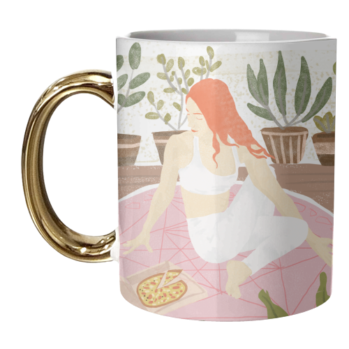 Yoga + Pizza, Red Head Woman Work Out Stay At Home, Ginger Plant Lady Home Decor Food Illustration - unique mug by Uma Prabhakar Gokhale