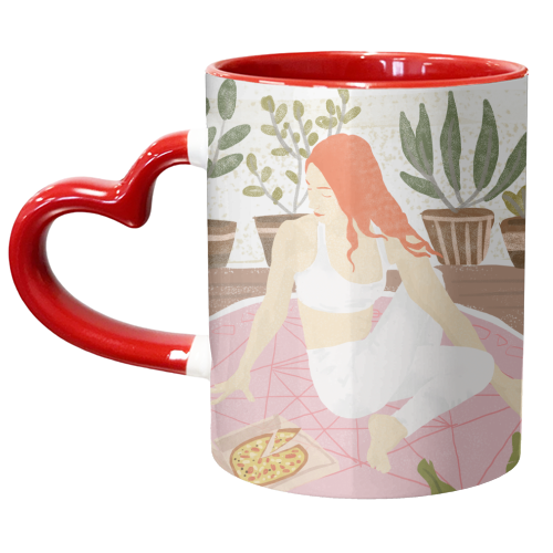 Yoga + Pizza, Red Head Woman Work Out Stay At Home, Ginger Plant Lady Home Decor Food Illustration - unique mug by Uma Prabhakar Gokhale