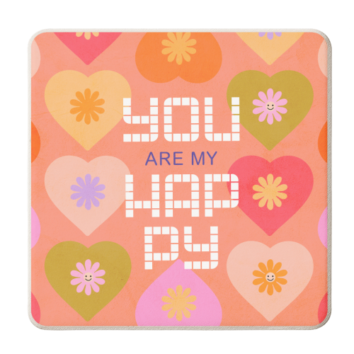 You are my Happy Place - Daisy and Heart Pattern - personalised beer coaster by Dominique Vari