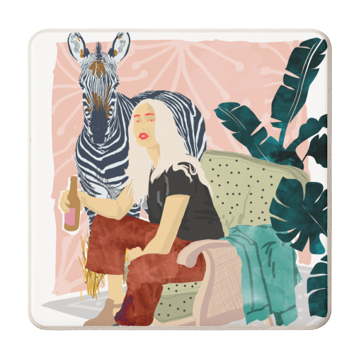 Zebra Hangout | Wildlife Urban Jungle Décor | Banana Leaves Monstera Plant Lady Fashion - personalised beer coaster by Uma Prabhakar Gokhale